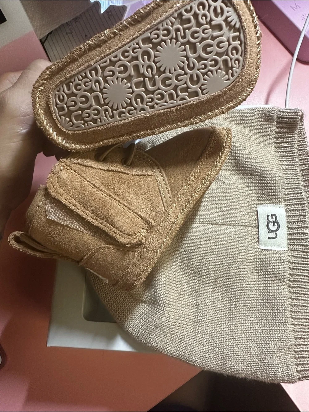 UGG Tan Knit Beanie and Chestnut Suede Baby Booties Set